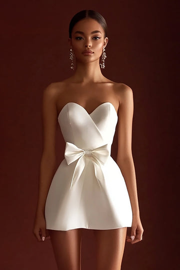 White Strapless A Line Bow Graduation Dress